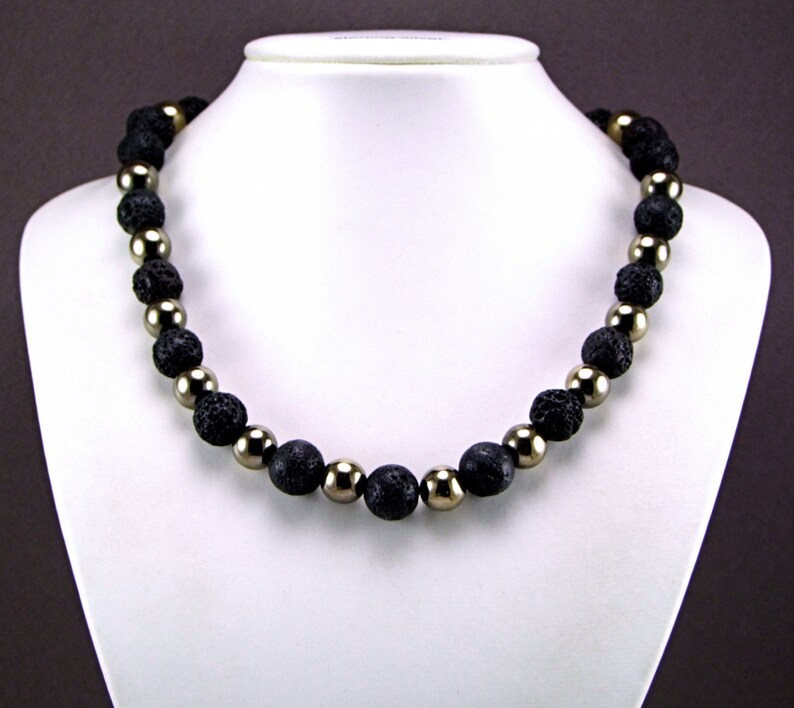 Pyrite & Black Volcanic Lava Necklace N879 - Etsy Australia