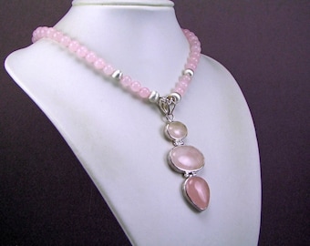 Gorgeous Rose Quartz Sterling Silver Statement Necklace - N953