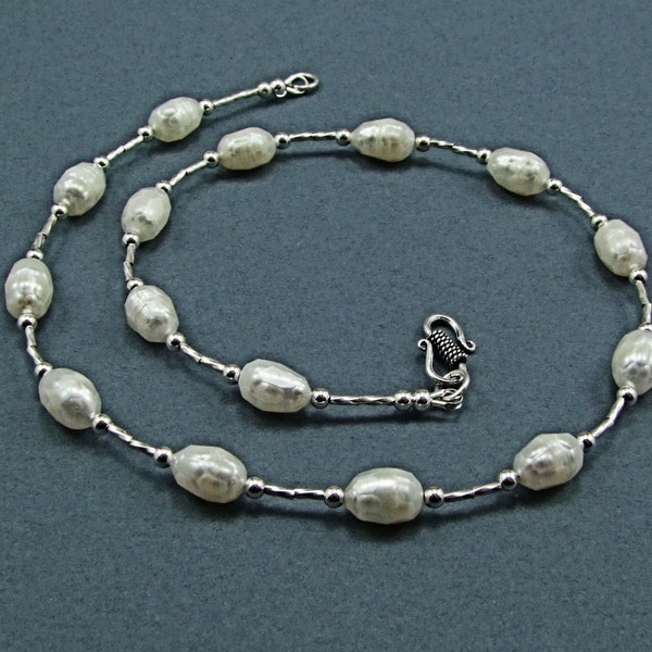 Faceted White Freshwater Pearl Sterling Silver Necklace - N368