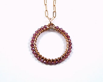 Garnet Wirewrapped Hoop Necklace - N1001