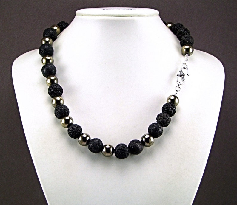 Pyrite & black Volcanic Lava Necklace N879 image 4