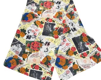 Vintage-Style Floral & Collage Print Scarf With Retro Photos Handwritten Text Headwear