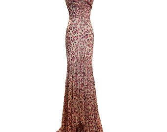 Vintage La Femme Paris Pink Leopard Print Gown With Beaded Details Size 6
