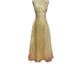Vintage Zum Zum Yellow Halter Gown, Butterfly Accents, Lace-Up Back, Size 11-12