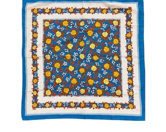 Vintage Italian Floral Scarf: Yellow Roses, Blue Polyester