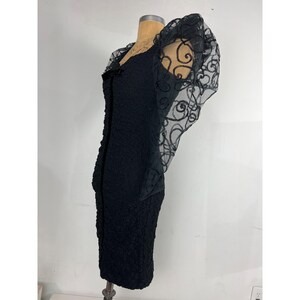 May include: A black dress with a textured fabric and sheer, embroidered sleeves. The sleeves are puffed and have a delicate floral design.