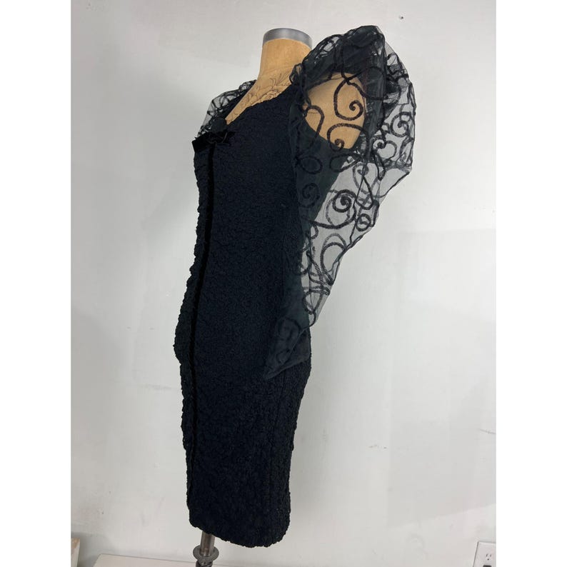 May include: A black dress with a textured fabric and sheer, embroidered sleeves. The sleeves are puffed and have a delicate floral design.