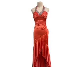 Vintage Y2K Deb Burnt Orange Coral Halter Dress Beaded Neckline High Low Ruffle Hem Ruched Bodice Size S Formal Party Fundraiser Fashion Edu
