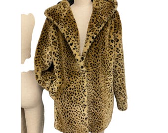 Vintage East 5th Women's Large Leopard Print Faux Fur Coat With Hood