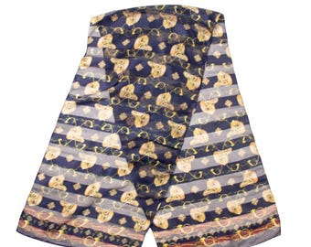 Vintage Equestrian-Themed Silk Scarf With Gold Horse Bit Pattern Navy & Beige