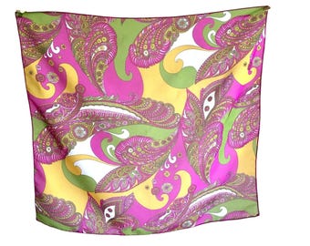 Vintage 1960s Paisley Seidenschal in Knallige Rosa Gelb Grün Farben