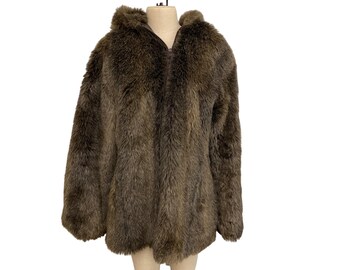 Vintage Sears Fashions Brown Faux Fur Hooded Coat With Zip Closure