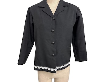 Vintage Black Button-Up Jacket With White Lace Hem Detailing Fundraiser Supports Sustainable Fashion Education for Youth