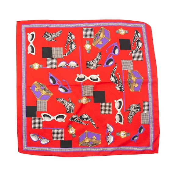 Vintage Red Polyester Scarf: Sunglasses & Treasure Chest Print