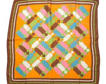 Vintage Simone Square Geometric Silk Scarf With Bold Orange Multicolor Design Rainscarf Necktie