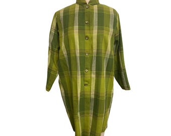 Vintage Handgemachtes Grün Kariertes Tunika Kleid Mit Stehkragen und 3/4 Ärmeln Button-Down Front