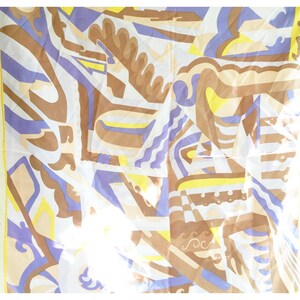 Vintage Hand-Rolled Silk Scarf With Abstract Patterns In Brown Blue Yellow