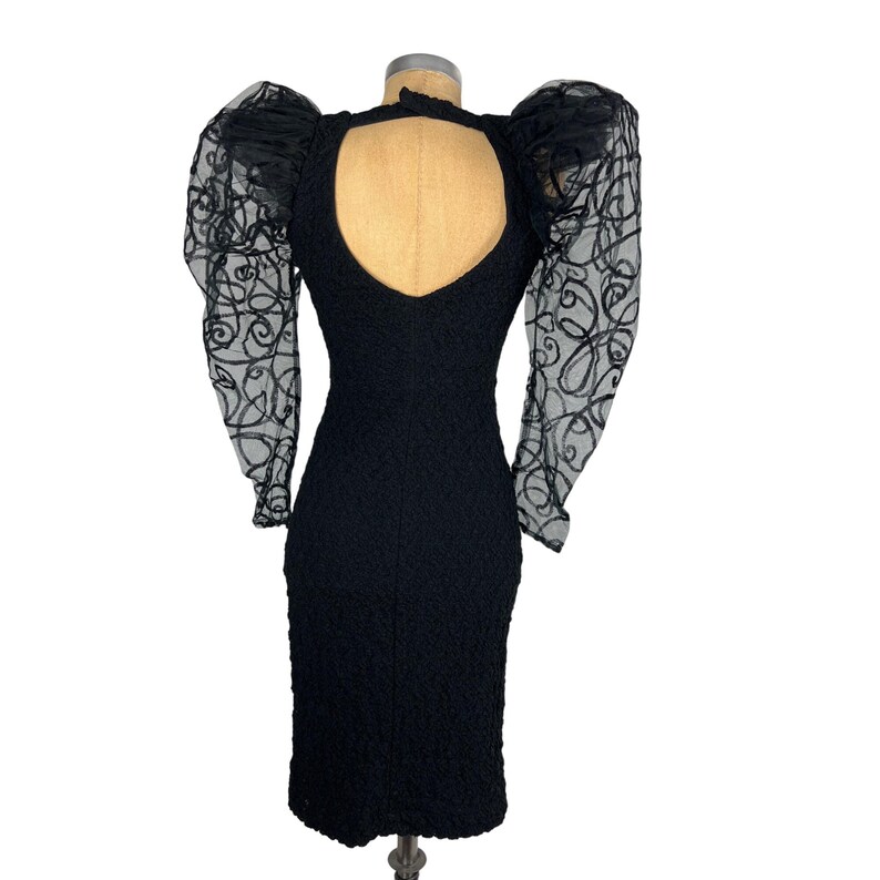 May include: Black dress with a fitted silhouette and long sleeves. The sleeves are made of sheer fabric with a delicate floral pattern. The dress has a low back with a keyhole opening.