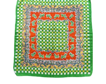Vintage Silk Scarf: Green & Orange Checkerboard, Scottie Dog Print