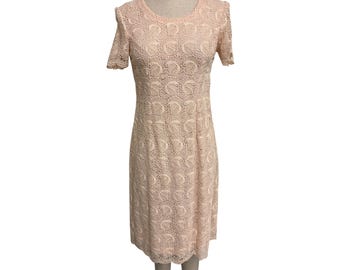 Vintage Handmade Blush Pink Lace Short Sleeve Sheath Dress Scalloped Hem, Fundraiser for Sustainable Fashion Education Program