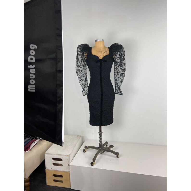 May include: A black dress with a fitted bodice and a full skirt. The dress has a sweetheart neckline and a bow at the waist. The sleeves are long and made of sheer fabric with a floral pattern.