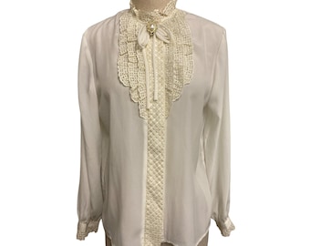 Blusa victoriana vintage Awigo para mujer, talla 13, con ribete de encaje y detalle de broche de perla