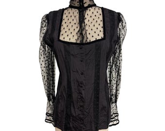 Victorian-Inspired Black Sheer Polka Dot Lace Blouse With High Neck and Button Front