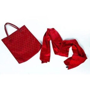 May include: A red tote bag and scarf set. The tote bag has a diamond pattern and two handles. The scarf is long and made of a soft, velvety material. The set is a deep, rich red color.