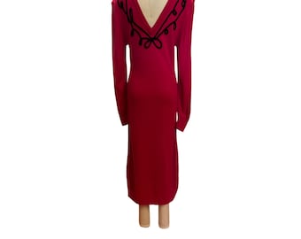 Vintage-Inspired Fuchsia Knit Midi Dress With Black Decorative Trim & V-Back