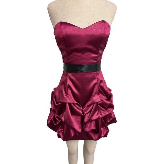 ruby rox satin dress Vintage Ruby Rox Strapless Burgundy Satin Dress With Black Waistband Ruffle  Skirt