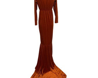 Vintage Rust Velvet Long Sleeve Gown With Train