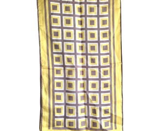 Vintage handgerolde zijden sjaal met geometrische print uit de jaren 60-70, 13 x 44 inch geel en bruin