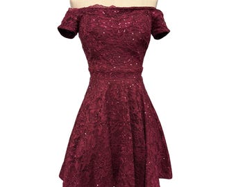 Vintage B.darlin Burgundy Off-shoulder Lace Mini Dress With Sequins Size 3/4