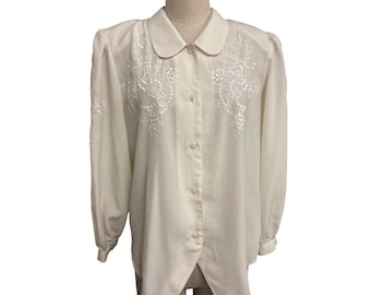 Vintage White Embroidered Button-Up Blouse With Puff Sleeves and Peter Pan Collar Fundraiser for Sustainable Fashion Education Programs