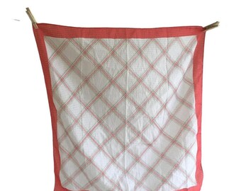 Vintage Red White Plaid Cotton Handkerchief With Delicate Design Striped Border