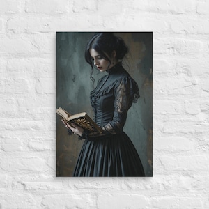 Victorian Woman Reading Bookish Wall Art Canvas, Dark Academia Decor, Librariancore Wall Art, Moody Reading Nook Painting, Book Lover Gift