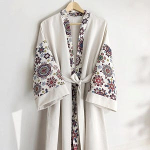 Boho Cotton Kimono Robe with Patterned Sleeves | Handmade Long Cover Up for Women | Etnic Summer Festival Kimono