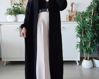 Zwarte crêpe abayakimono | Bescheiden maxi-jurk voor Eid & Everyday | Moslim hijab-outfit met ceintuur
