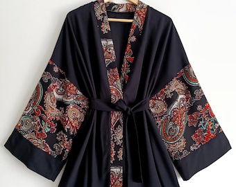 Bohemian Baumwolle Kimono Robe, Kurze Schwarze Paisley Trim Jacke
