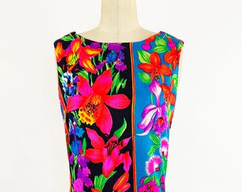 1960s Pomare Tahiti Neon Rainbow Tropical Hawaii Maxi Dress Tiki Party Hawaiian Barkcloth Neon Hawaiian Dress Unique Tiki Dress / Size Small