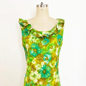 1960s Hawaiian Wiggle Dress: Green Tropical Floral Sundress, Small