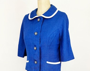 1960s Linen Skirt Suit: Blue & White Mod Jackie O Style (Size Small)