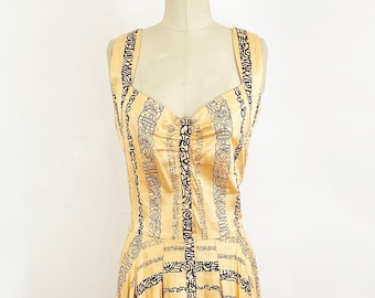 1990s Squiggle Line Striped Print Midi Sundress Light Orange and Black Retro Style Circle Skirt / Nicole Miller / Large 12