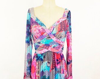 1970s Robert David Morton Psychedelic Landscape Novelty Print Bias Maxi Dress Unique Dress 70s Designer / Small