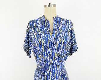 1940s Novelty Print Fishing Net and Wave Rayon Dress Blue Yellow White Unique 40s Dress Pin Up Rockabilly / Size Small