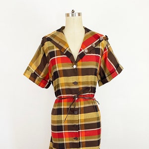 1950-1960s Autumn Plaid Cotton A-line Short Sleeve Shift Dress Button Collar Earth Tone Shirt Dress / Vintage Plus Size 0X 14/16