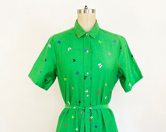 Robe papillon verte Malia Honolulu des années 1960 à manches courtes Robe chemise hawaïenne vintage Robe papillon hawaïenne des années 60 / Taille Large