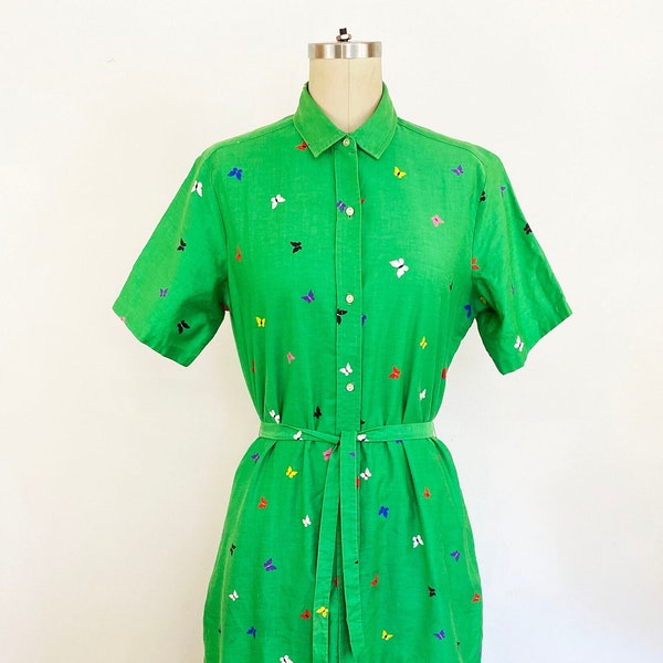 1960s Malia Honolulu Green Butterfly Dress Short Sleeve Hawaiian Shirtdress Vintage Hawaiian 60s Butterfly Dress / Size Large