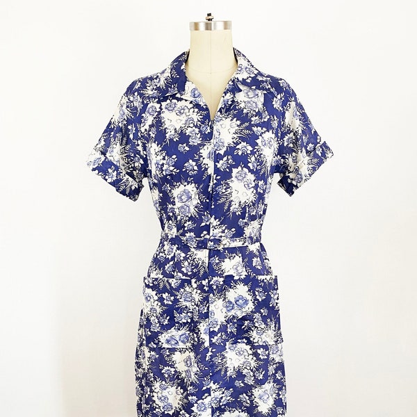 1960s Helen Hensley Delft Blue Floral Rose A-line Dress Dead Stock Retro Day Dress / Small Medium Large XL XXL 1X 2X