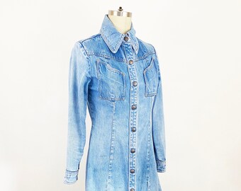 1970s Land Lubber Denim Shirt Dress Snap Front Boho Jean Dress Hippie 70s Cute Denim Dress Disco Party / Small